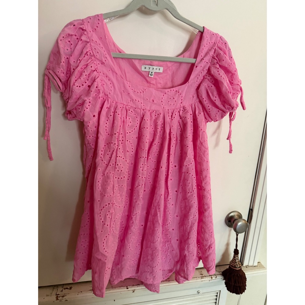 Hyfve Pink Eyelet Babydoll Top Square Neck Puff Sleeve Tie Detail Women Medium - Picture 7 of 10